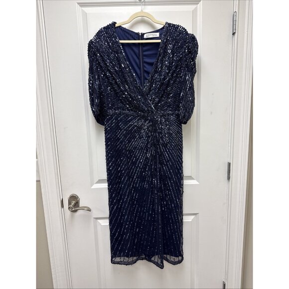 Mac Duggal Size 14 Navy Blue 5578 Sequined Short Sleeve Cocktail Evening Dress - Picture 4 of 11